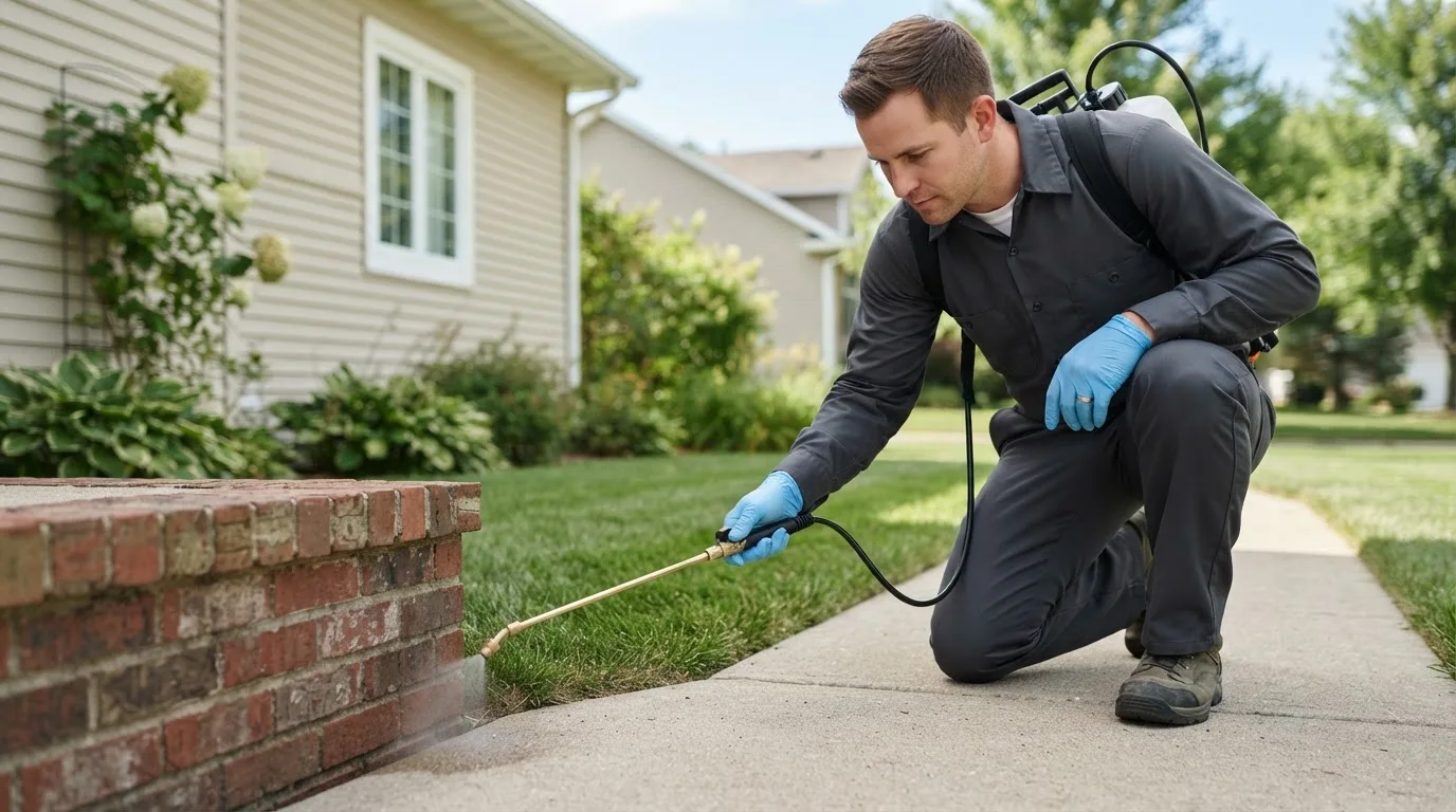Pest control technician treating a home near Richville, NY